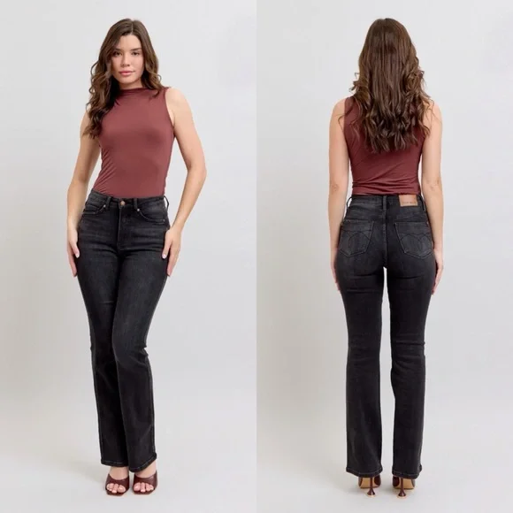 NEW! JUDY BLUE BLACK HIGH WAIST TUMMY CONTROL BLACK SHORTER BOOTCUT INSEAM JEANS - Picture 2 of 6